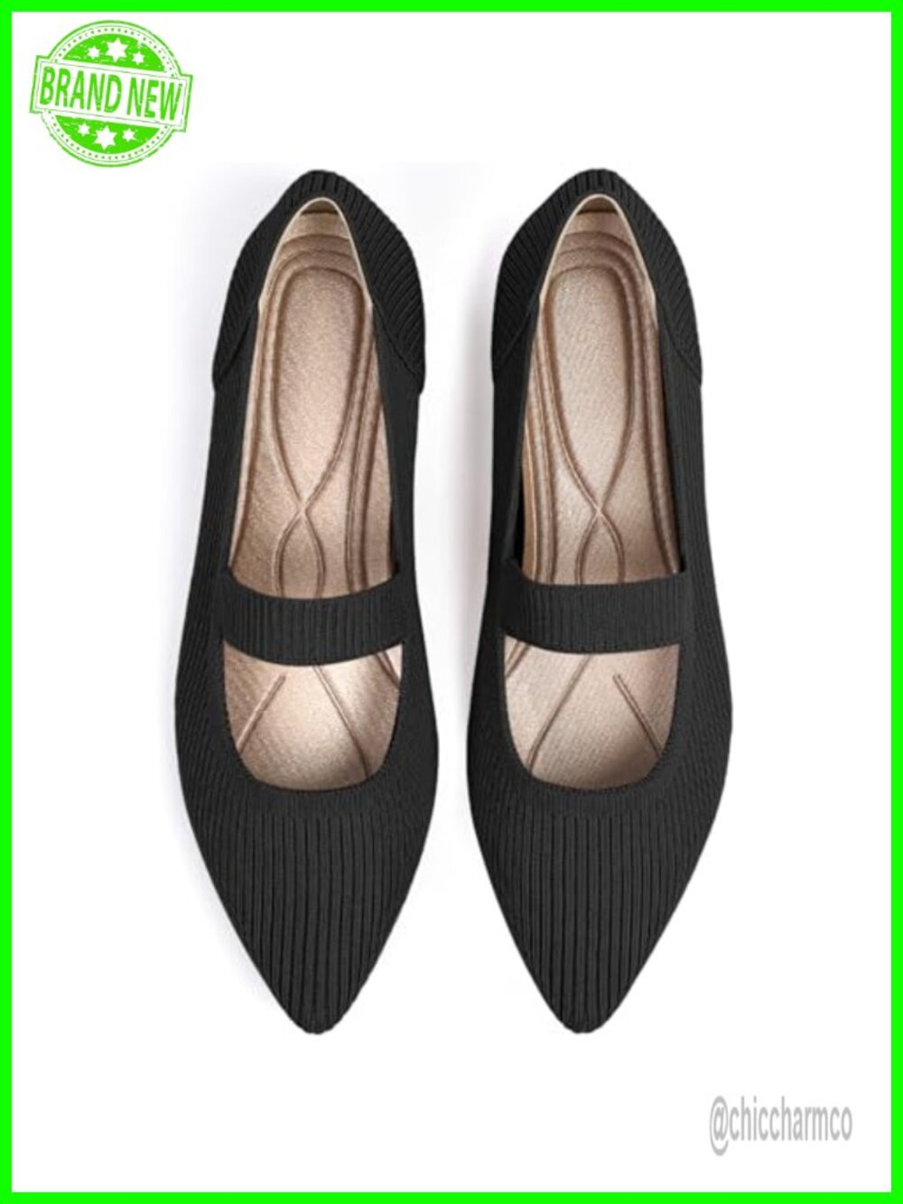 Women's Knit Pointed Toe Mary Jane Flats Breathable Comfortable Dressy Ballet